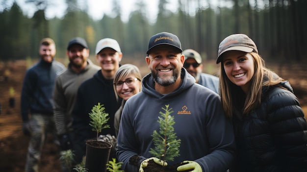 smiling people holding small trees in a forest with trees in the background Generative AI