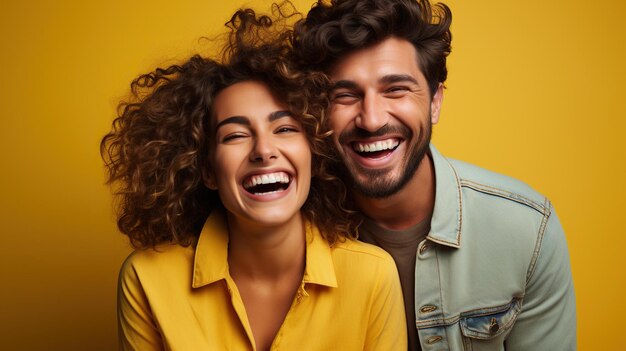 Photo smiling people yellow background two people dynamic laughter vibrant laughter