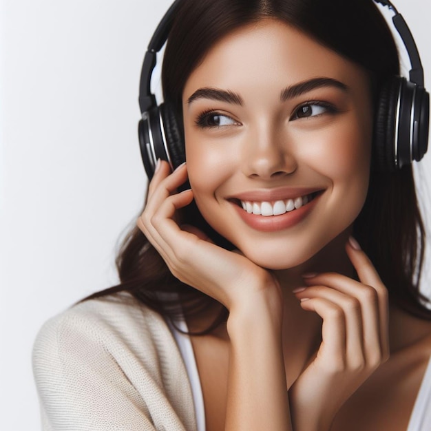 smiling person listening to music with headphones on