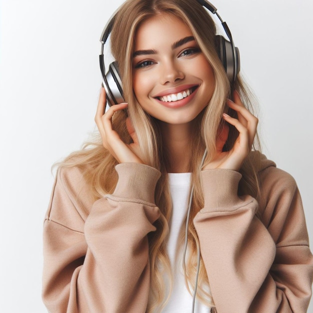 smiling person listening to music with headphones on