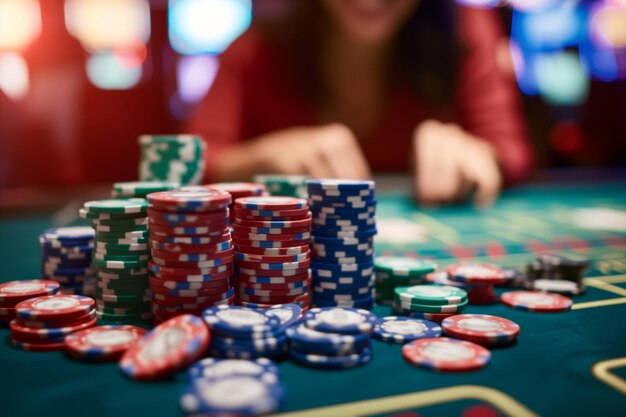 Smiling person surrounded by stacks of chips at a casino table