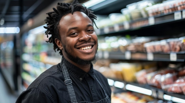 Photo smiling person working in supermarket grocery store department generative ai picture