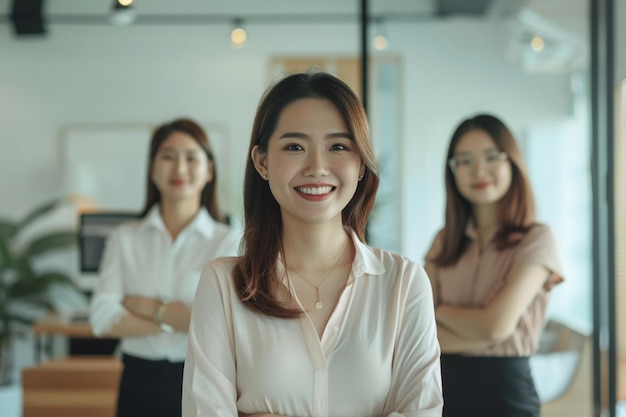 写真 smiling person young standing together portrait of staff inside modern job smiling to camera