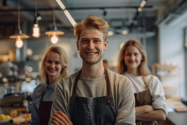 Photo smiling person young standing together portrait of staff inside modern job smiling to camera