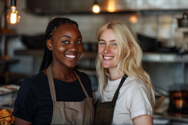 Photo smiling person young standing together portrait of staff inside modern job smiling to camera