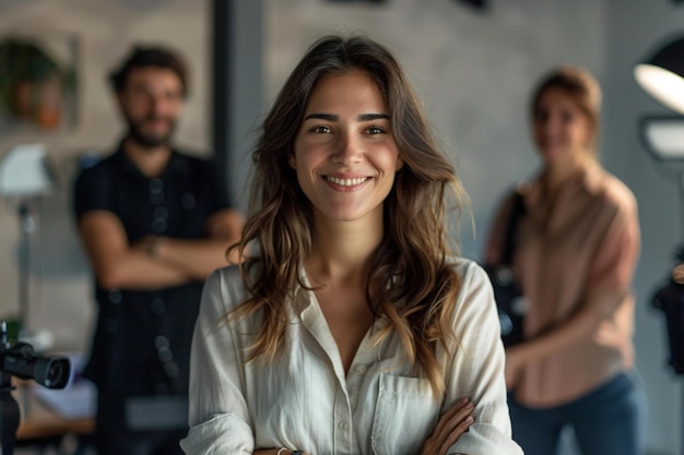 Smiling person young standing together portrait of staff inside modern JOB smiling to camera