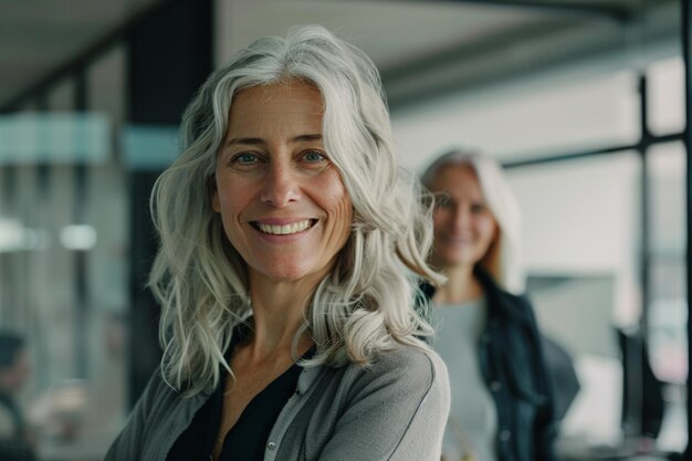 Smiling person young standing together portrait of staff inside modern JOB smiling to camera