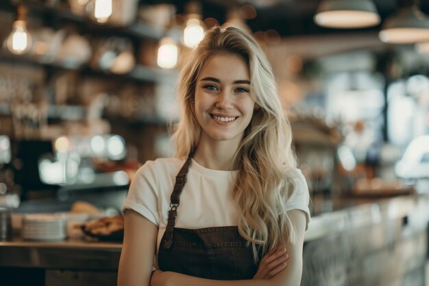 Smiling person young standing together portrait of staff inside modern JOB smiling to camera