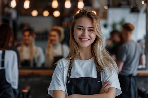 Smiling person young standing together portrait of staff inside modern JOB smiling to camera