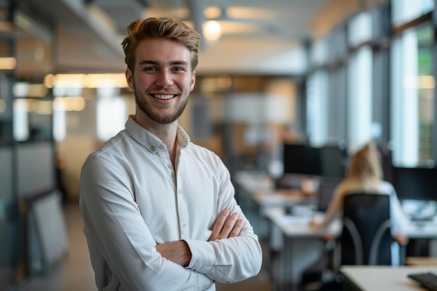 Foto smiling person young standing together portrait of staff inside modern job smiling to camera