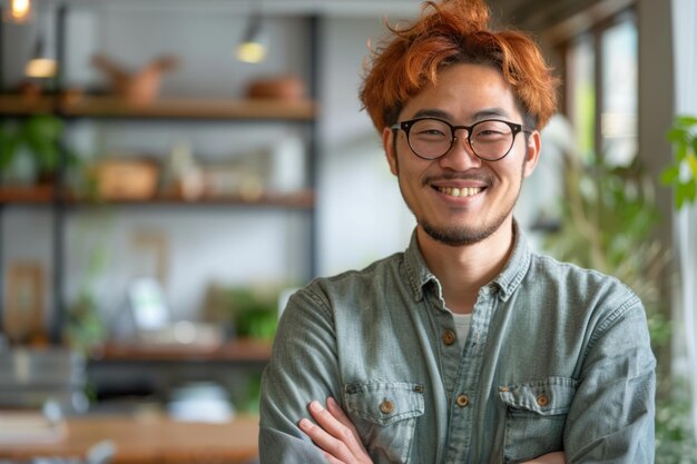 Smiling person young standing together portrait of staff inside modern JOB smiling to camera