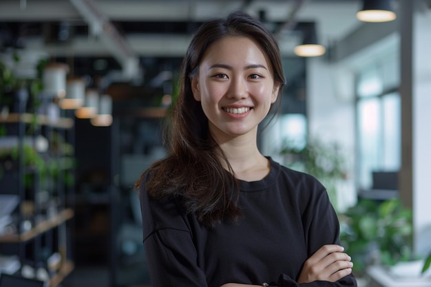 Photo smiling person young standing together portrait of staff inside modern job smiling to camera