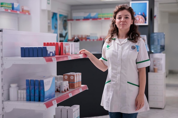 医薬品の丸薬でいっぱいの棚の横に立っている笑顔の薬局労働者。ドラッグ ストアで働く医療制服を着た薬剤師の女性、ビタミン、サプリメントを販売します。ヘルスケアサービスサポート