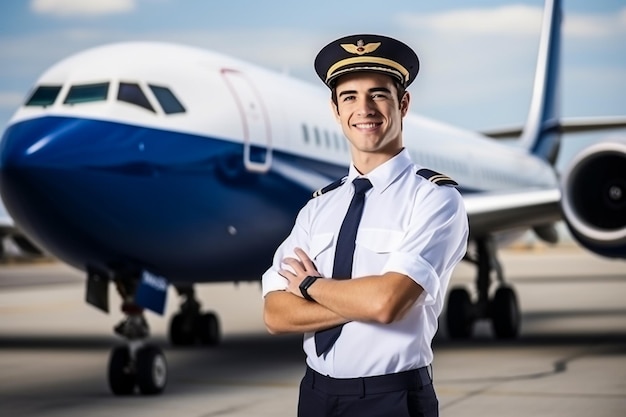 Foto pilota sorridente con l'aeroporto sullo sfondo