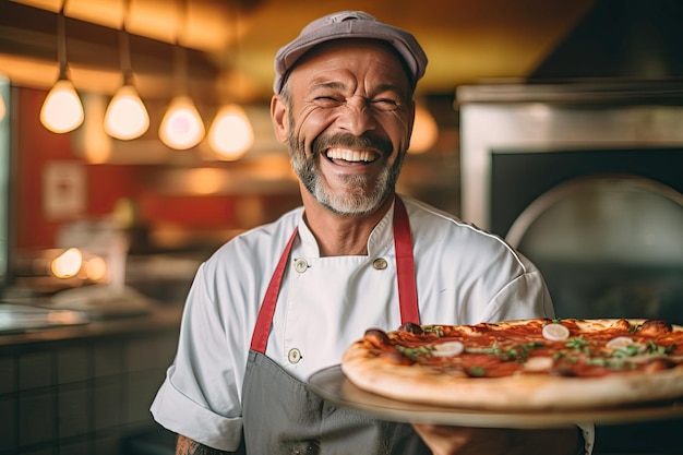 レストランのピッツェリアでピザを調理している笑顔のピザシェフの男