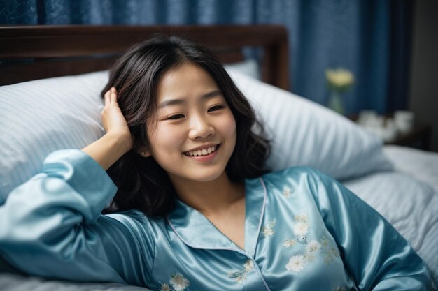 Smiling pleased cute asian girl in blue pyjama and sleeping mask ar c
