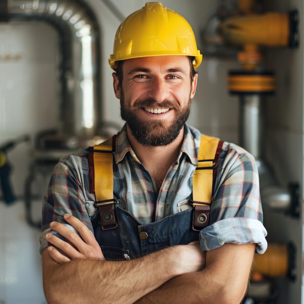 Foto un idraulico sorridente sullo sfondo del processo di lavoro