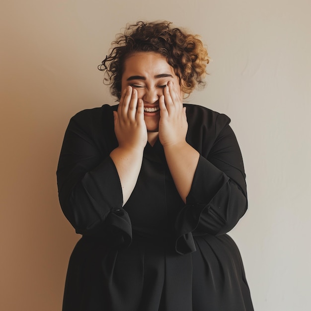 Smiling plus size woman in black covering her face with hands against beige background