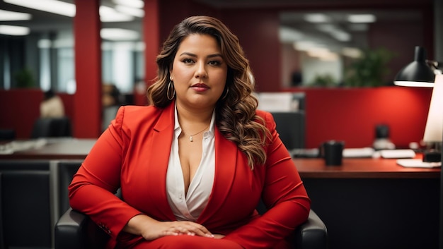 smiling Plus size woman wearing red suit