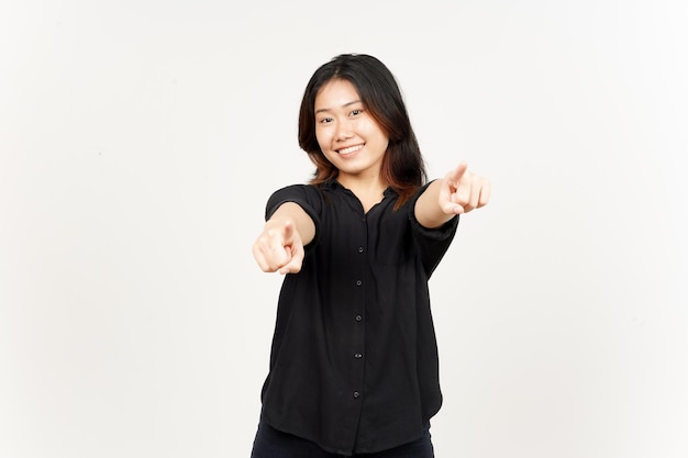 Smiling and pointing at camera of Beautiful Asian Woman Isolated On White Background