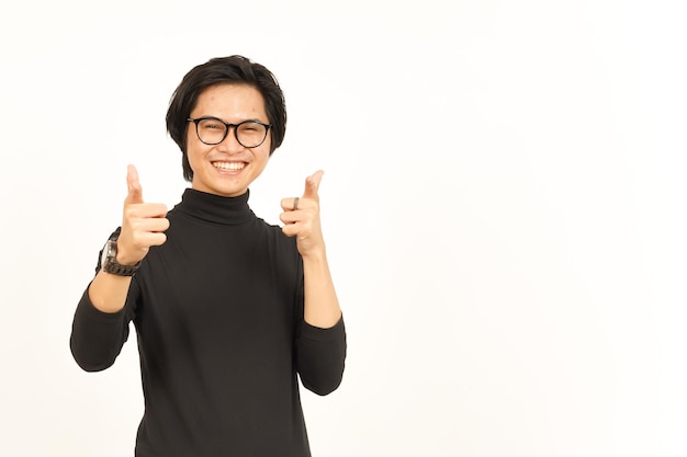 Smiling and Pointing at you want you gesture Of Handsome Asian Man Isolated On White Background