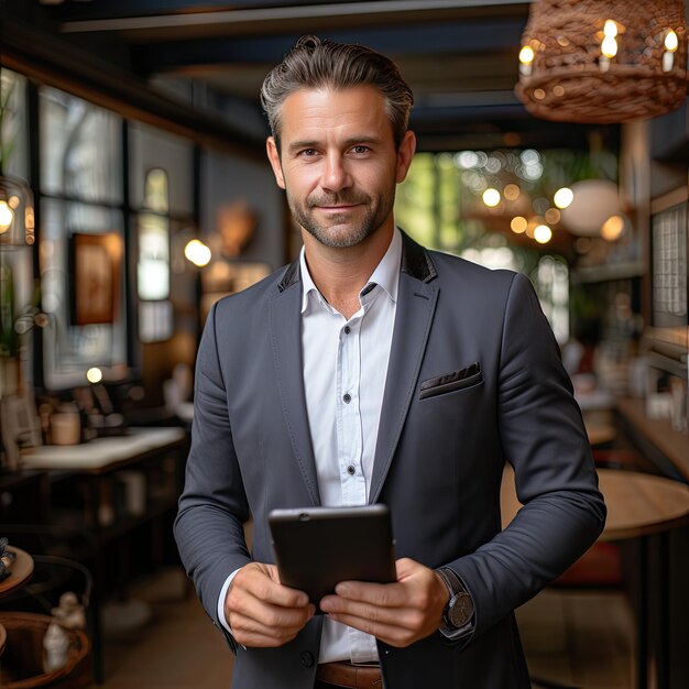 Smiling portrait of a businessman using tablet