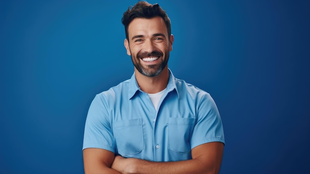 Smiling portrait of confident handsome male plumber master in uniform On a blue background AI