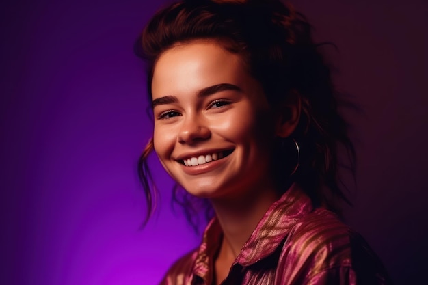 Smiling portrait of female fashion model in cotton shirt isolated on purple background in neon light concept of beauty art fashion youth sales and ads pretty woman laughing