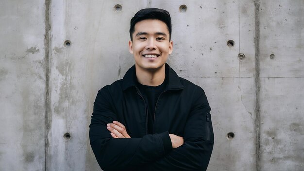 Smiling portrait of a young man wearing black jacket with his arms crossed against concrete backdro