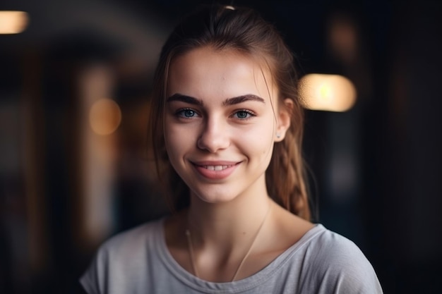 Smiling portrait of a young woman with a ponytail wearing a casual tshirt and jeans