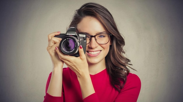 Smiling positive brunette female in eyeglasses taking pictures with a professional photo camera