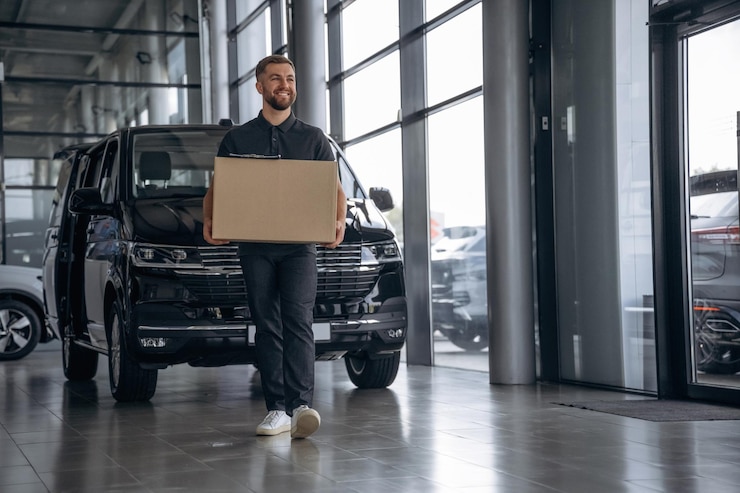Photo smiling positive facial expression delivery man or loader is near the car with a box
