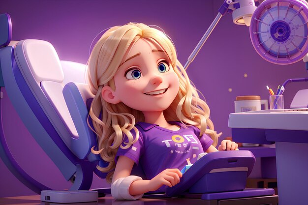 A smiling positive teenage girl is sitting in a dentist's chair in the hospital with a specialist a procedure a dental examination in the style of a 3d cartoon