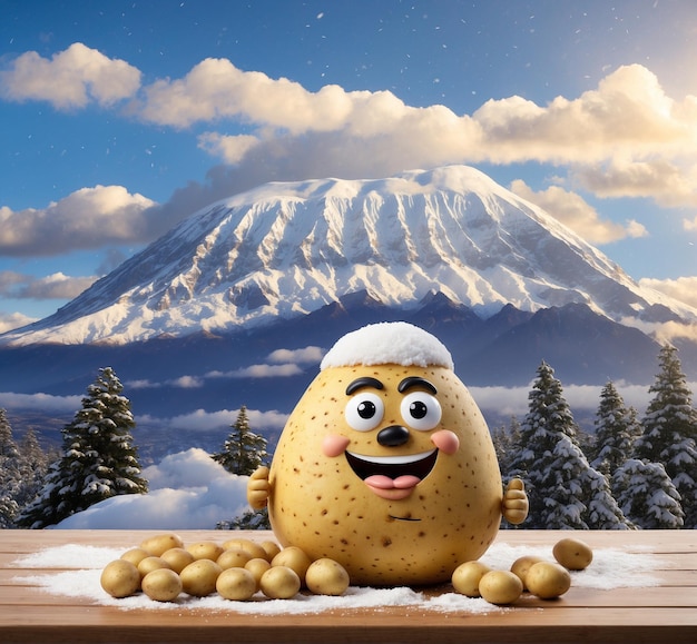 Smiling potato character with snow and Mt Fuji in the background