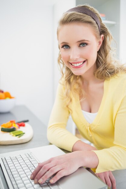 Smiling pretty blonde using laptop