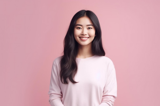 Smiling pretty korean young girl on pink background Hair care skincare cosmetic ad Generative AI