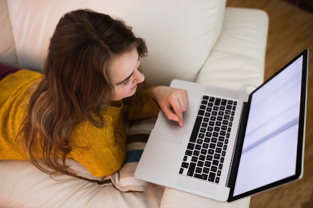 Smiling pretty woman using laptop lying on the couch in the living room