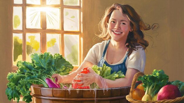 写真 新鮮な野菜を洗っている笑顔の美しい女性