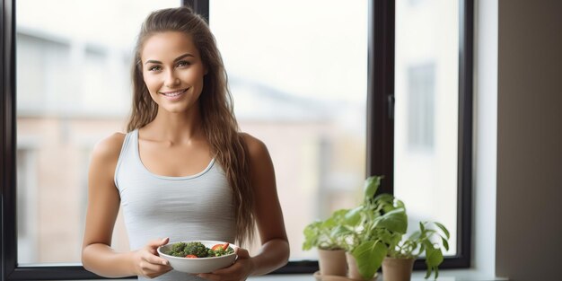 笑顔のかなり若いフィットネス女性立ってバランスの取れた健康的な食べ物を食べる