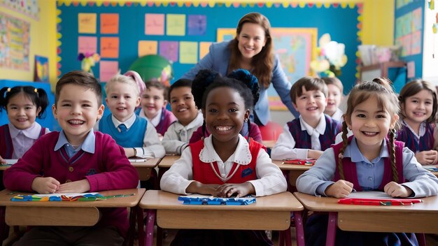 Smiling primary students sitting in class