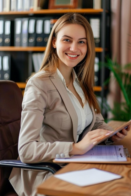 Smiling professional business woman in her business office in isolated background AI Generated