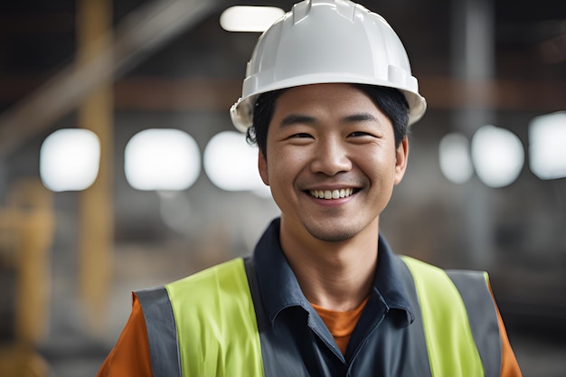 写真 保護ユニフォームとハードヘットを着た笑顔のプロの重工業の中国人労働者 大規模な産業工場に散らばった