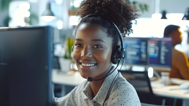 Smiling professional woman wearing headset in modern office Customer service representative at work Friendly tech support staff Casual business environment AI