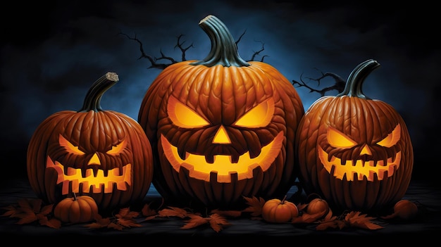 Smiling Pumpkin Drawings Illuminated with Ominous Light for Halloween AI Generated