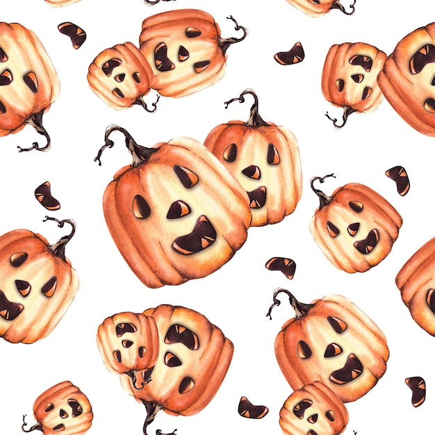 smiling pumpkins with halloween face eyes nose stem watercolor seamless pattern isolated from