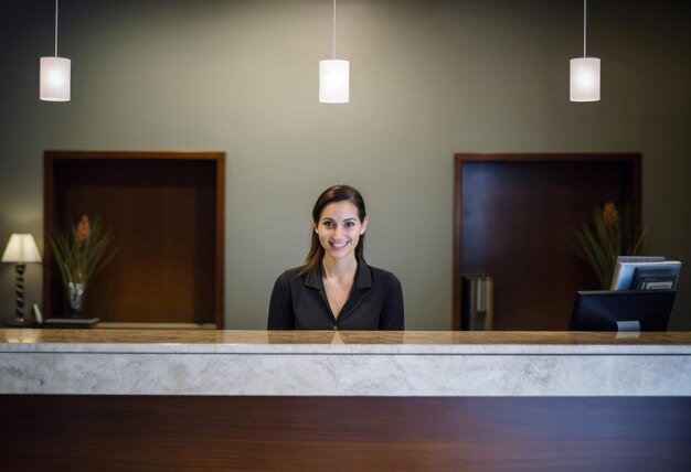 Foto la receptionist sorridente, la scrivania dell'atrio, lo spazio di viaggio del personale dell'ufficio generate ai