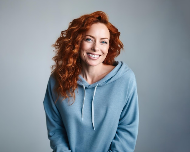 Smiling RedHaired Woman in Blue Sweatshirt