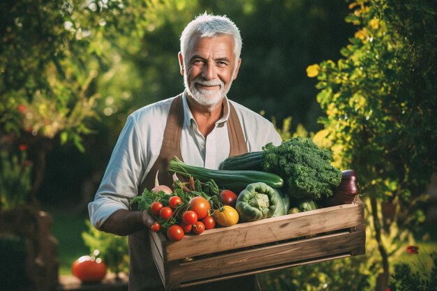 Foto sorridente pensionato con una scatola di legno in mano