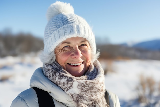 Smiling retired woman in winter vacation AI Generated