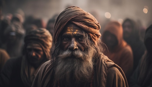 Smiling sadhu in traditional clothing at festival generated by AI